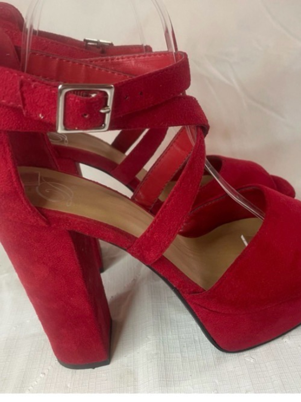Red Suede Strappy Block Heel Sandals